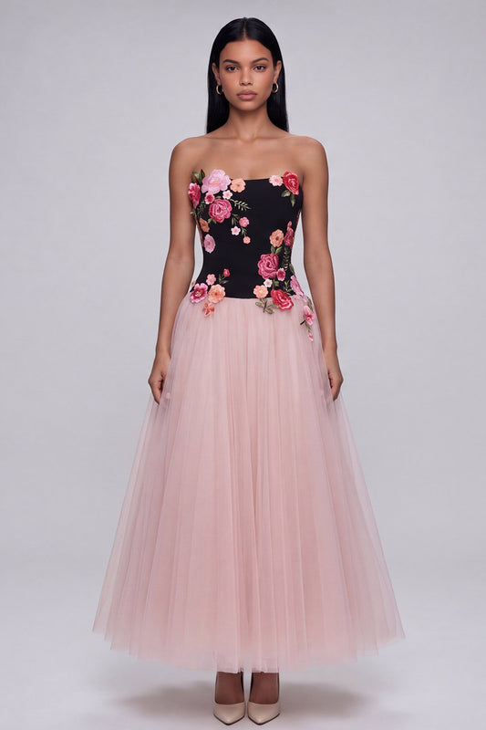 Black and Pink Strapless Floral Maxi A Line Beach Wedding Guest Dress
