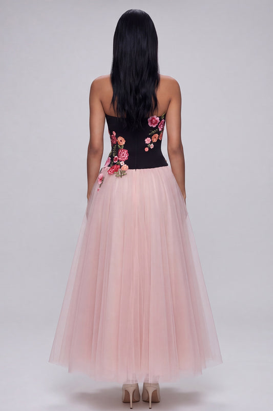 Black and Pink Strapless Floral Maxi A Line Beach Wedding Guest Dress