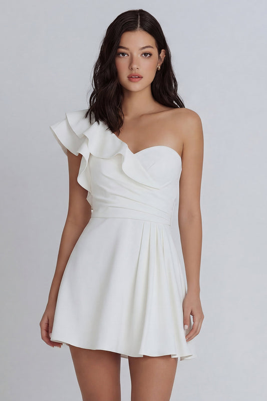 Ruched A Line One Shoulder Ivory Short Graduation Dress with Ruffles