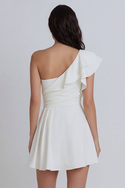 Ruched A Line One Shoulder Ivory Short Graduation Dress with Ruffles