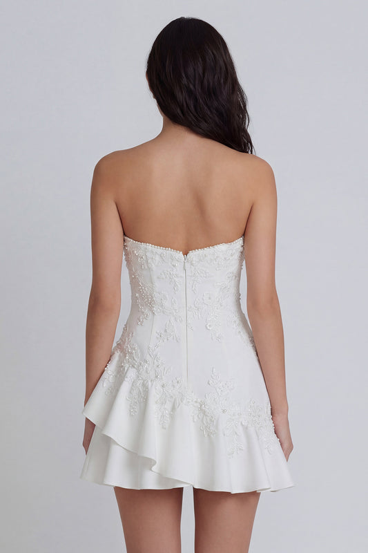 Ruffled A Line Strapless Ivory Short Floral Graduation Dress with Pearls