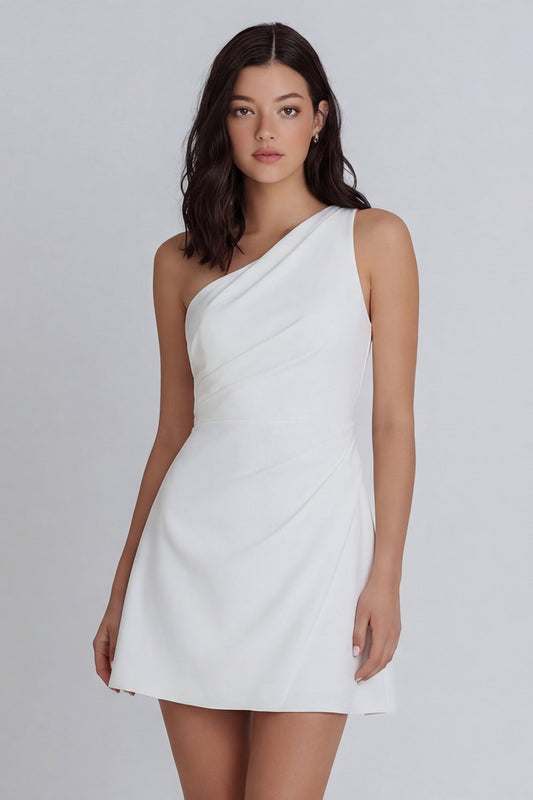 One Shoulder Ivory Ruched A Line Short Graduation Dress