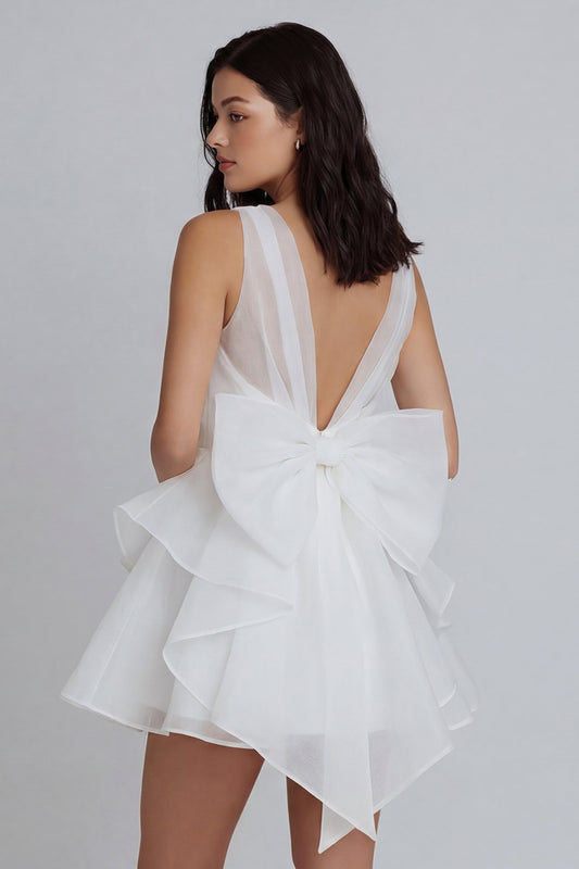 V-Neck A Line Ivory Short Ruffled Graduation Dress with Bow