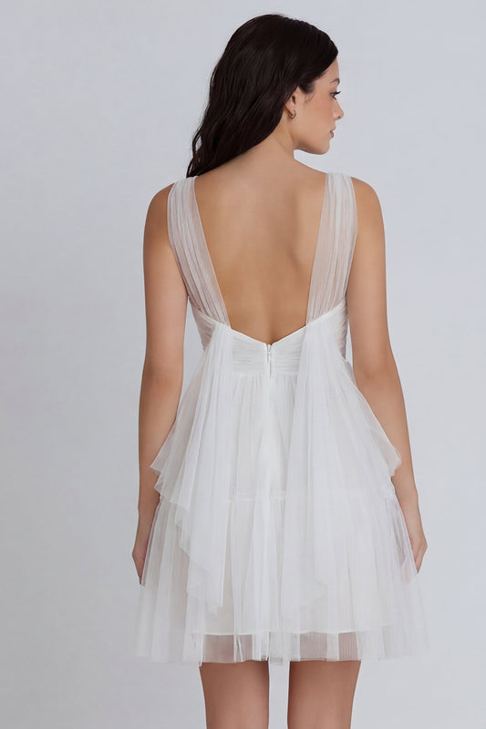 Ruched V-Neck A Line Ivory Short Graduation Dress with Ruffles