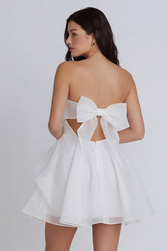 Corset A Line Ruffled Strapless Ivory Short Graduation Dress with Bow
