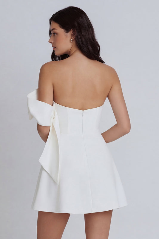 A Line Strapless Corset Ivory Short Graduation Dress with Bow