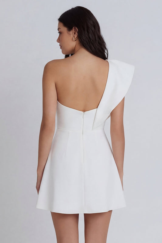 One Shoulder Ivory Ruffled A Line Short Graduation Dress with Slit