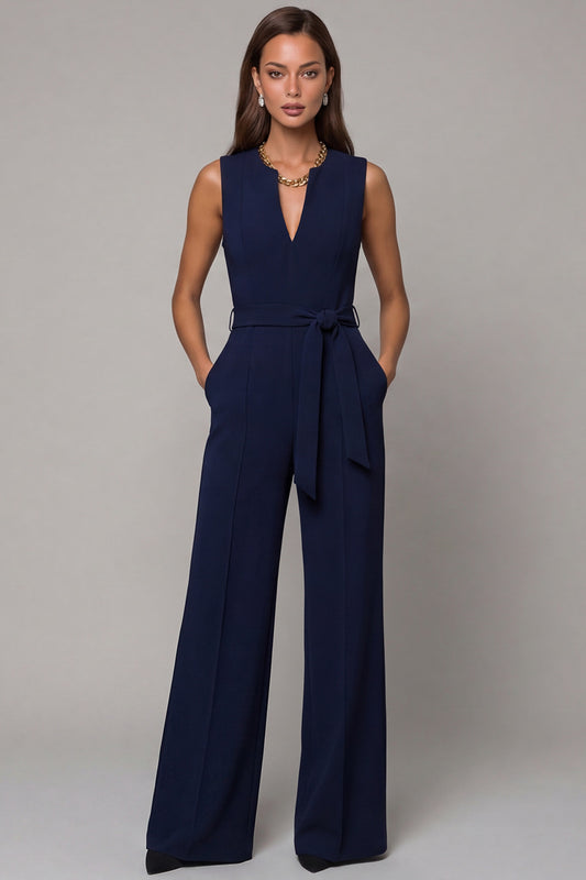 Navy Satin Slim Fit Work Jumpsuits with Pockets