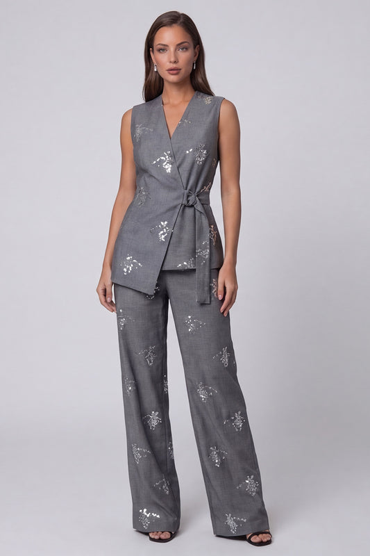 Sparkly Dark Grey Sequin Shawl Lapel 2 Piece Business Suits with Belt