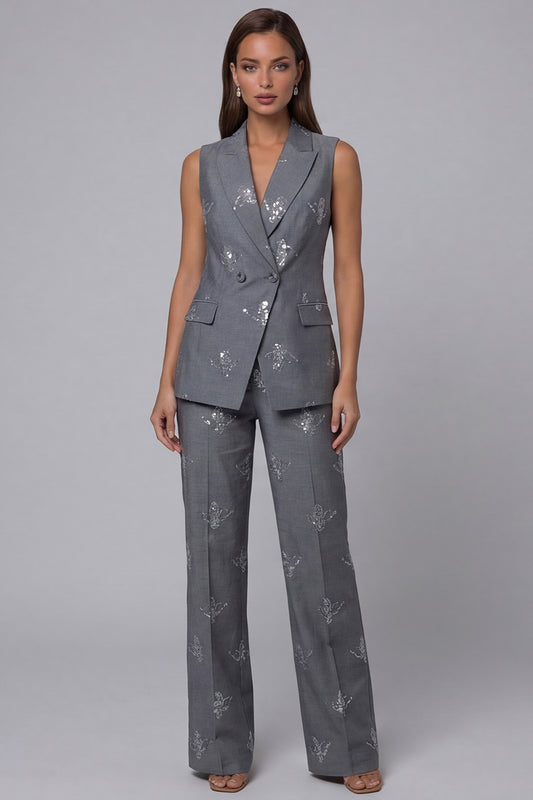 Double Breasted Peak Lapel 2 Piece Sparkly Dark Grey Sequin Business Suits