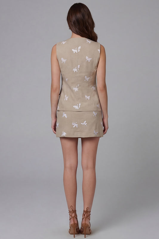 2 Piece Khaki Single Breasted Round Neck Butterflies Business Suits