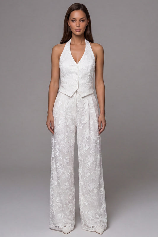 Halter Single Breasted 2 Piece Ivory Lace Floral Business Suits