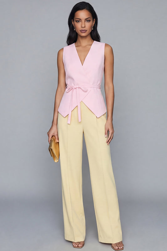 Pink and Butter Yellow Shawl Lapel 2 Piece Business Suits with Sash