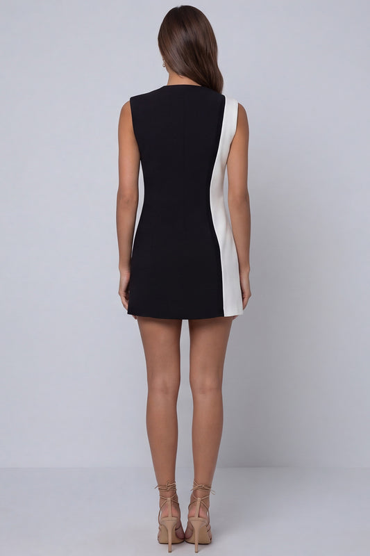 Shawl Lapel Black and White Slim Fit Work Dress