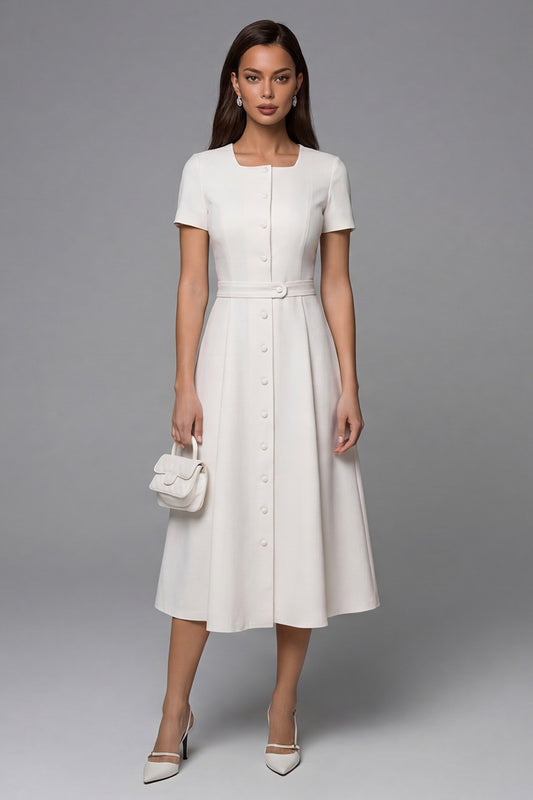 Simple Ivory Long A Line Short Sleeves Work Dress