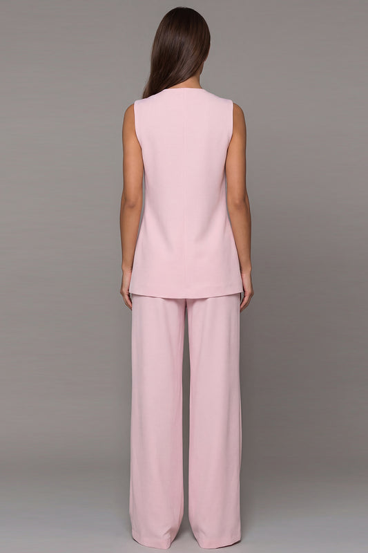 Pink Shawl Lapel 2 Piece Wide Leg Business Suits with Sash