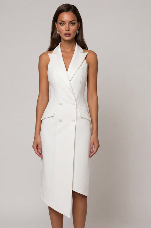 Double Breasted Midi Backless Halter White Slim Fit Blazer Dress