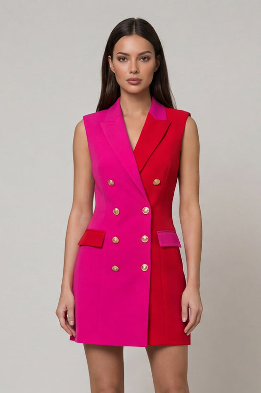 Fuchsia and Red Double Breasted Peak Lapel Color Block Patchwork Short Slim Fit Blazer Dress