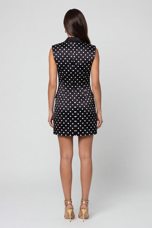Black and White Polka Dots Double Breasted Peak Lapel Slim Fit Short Blazer Dress