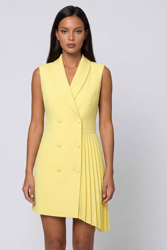 Butter Yellow Shawl Lapel Double Breasted Short Blazer Dress with Pleats