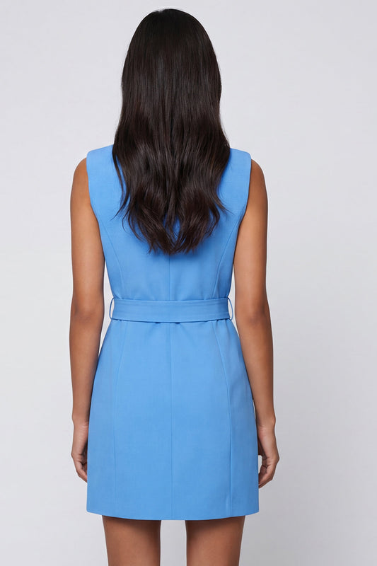 Blue Notched Lapel Slim Fit Blazer Dress with Belt