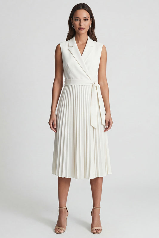 Pleated Ivory Notched Lapel Work Dress with Belt