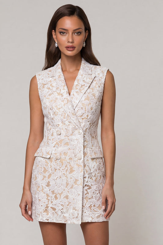 Floral Ivory Double Breasted Peak Lapel Lace Slim Fit Short Blazer Dress