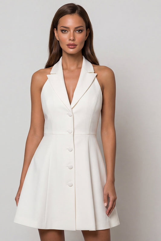 Simple Single Breasted Peak Lapel Short White Blazer Dress