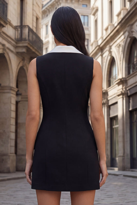 Black Short Double Breasted Notched Lapel Slim Fit Work Dress