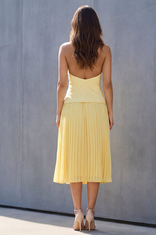 Butter Yellow 2 Piece Single Breasted Halter Backless Business Suits with Pleats