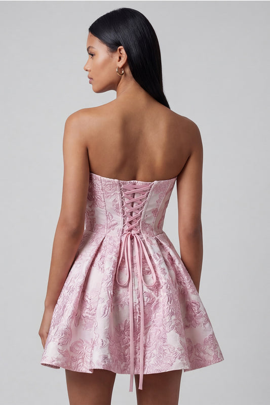 Ruffled Strapless Pink A Line Short Floral Corset Wedding Guest Dress with Bow