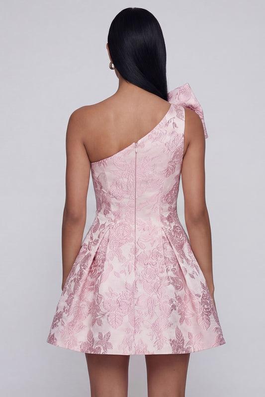 Pink A Line Short Floral One Shoulder Wedding Guest Dress with Bow