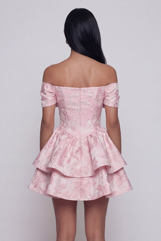 Ruffled Short Floral Off the Shoulder Pink A Line Wedding Guest Dress with Bow