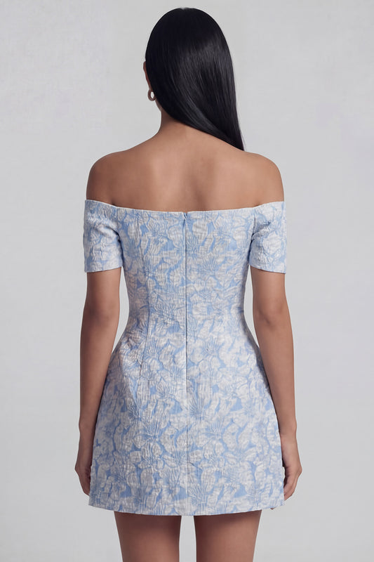 Blue A Line Short Floral Off the Shoulder Wedding Guest Dress with Bow