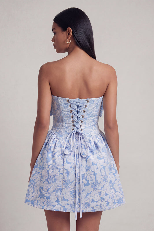Strapless Blue A Line Short Floral Wedding Guest Dress with Bow