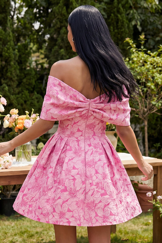 Floral Off the Shoulder Fuchsia A Line Short Homecoming Dress with Bow