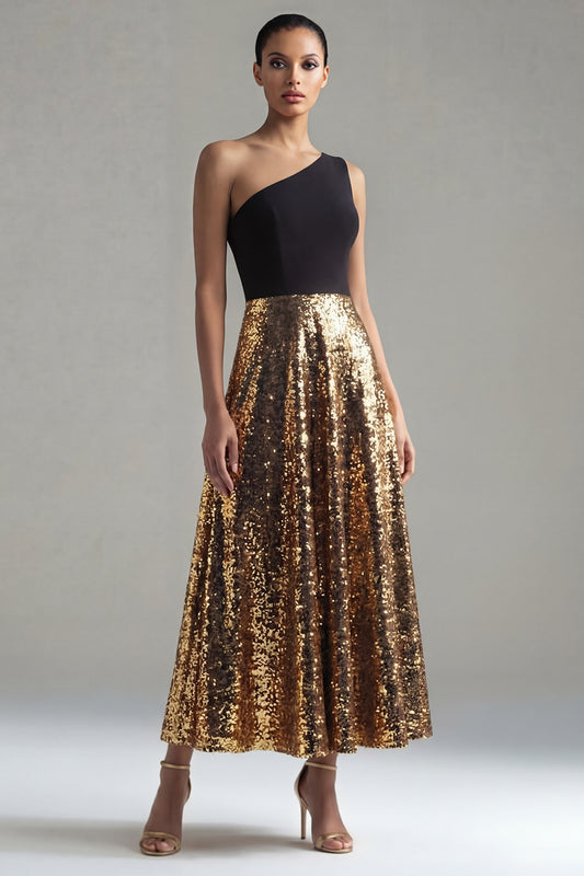 Glitter One Shoulder A Line Black and Gold Maxi Sequin Formal Dress