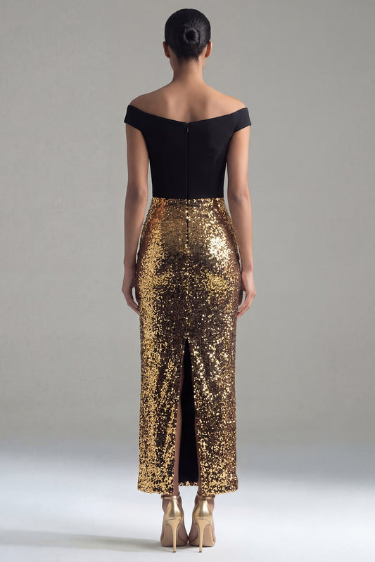 Off the Shoulder Glitter Sheath Black and Gold Maxi Sequin Formal Dress with Back Slit