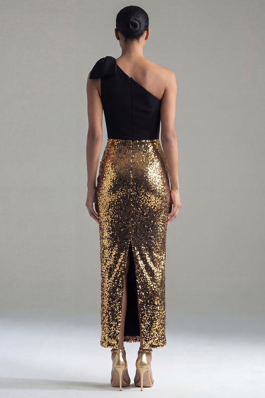 Black and Gold One Shoulder Maxi Glitter Sheath Sequin Formal Dress with Bow