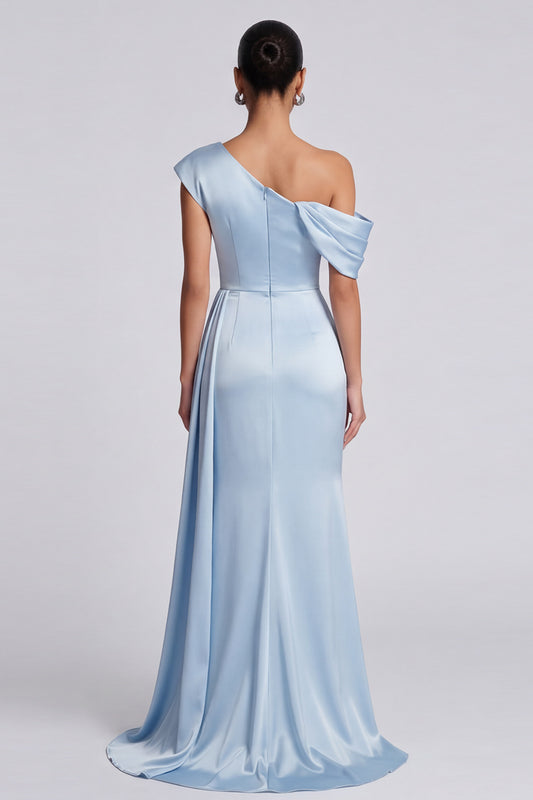 Sky Blue One Shoulder Ruched Long Mermaid Formal Dress with Side Cape