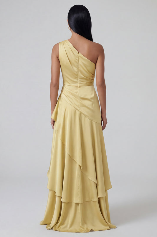 Butter Yellow One Shoulder Ruched Long A Line Formal Dress with Ruffles