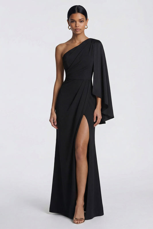 Mermaid One Shoulder Black Ruched Long Formal Dress