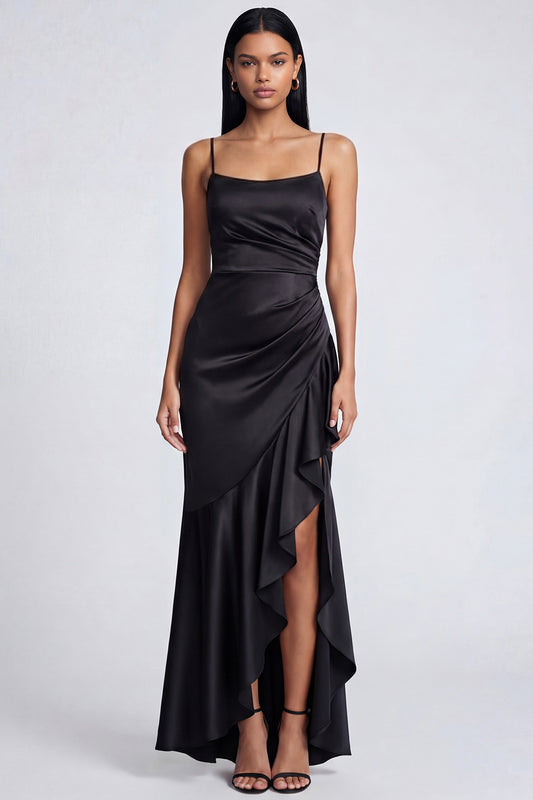 Ruffled Mermaid Black Spaghetti Straps Ruched Long Formal Dress with Slit