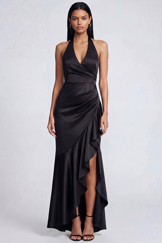 Halter Black Ruched Long Ruffled Mermaid Formal Dress with Slit