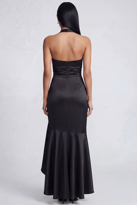 Halter Black Ruched Long Ruffled Mermaid Formal Dress with Slit