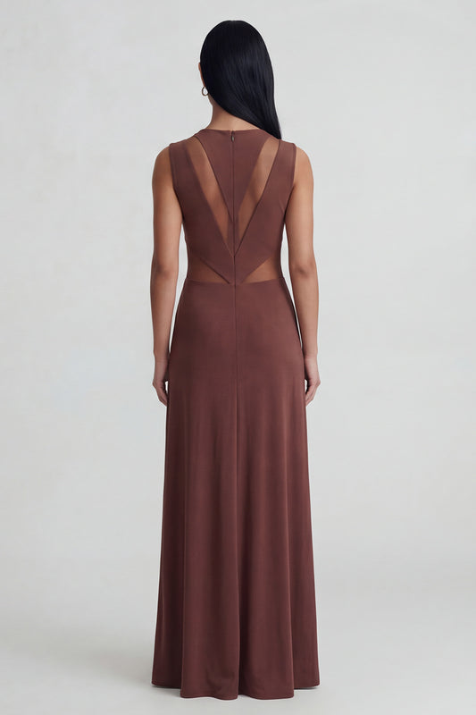 Round Neck Brown Mesh Ruched Long Sheath Formal Dress