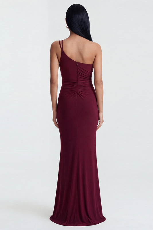 Burgundy One Shoulder Ruched Long Mermaid Formal Dress