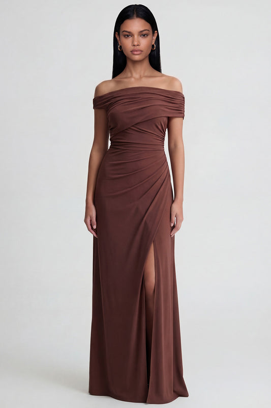 Off the Shoulder Brown Ruched Long Sheath Formal Dress with Slit