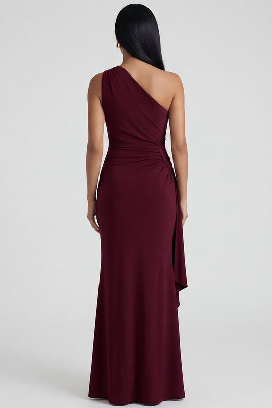 Ruched Long Mermaid Burgundy One Shoulder Formal Dress with Ruffles