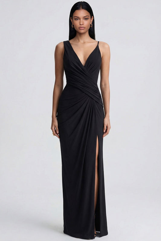 V-Neck Black Ruched Long Sheath Formal Dress with Slit